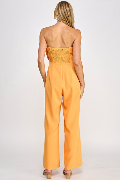 bow front jumpsuit with optional straps