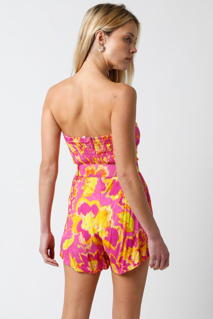 printed strapless belted romper
