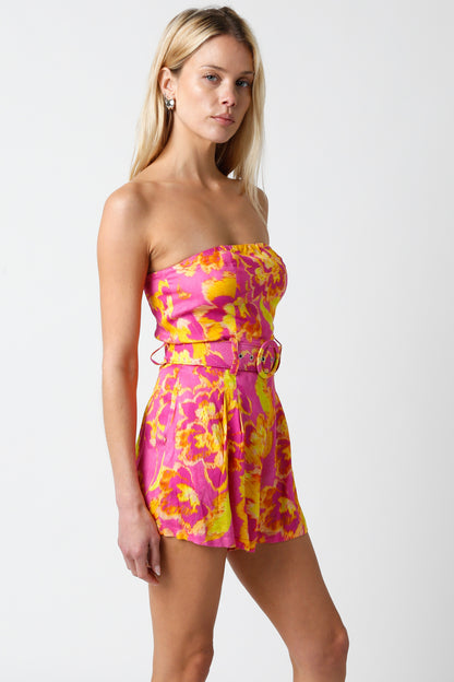 printed strapless belted romper