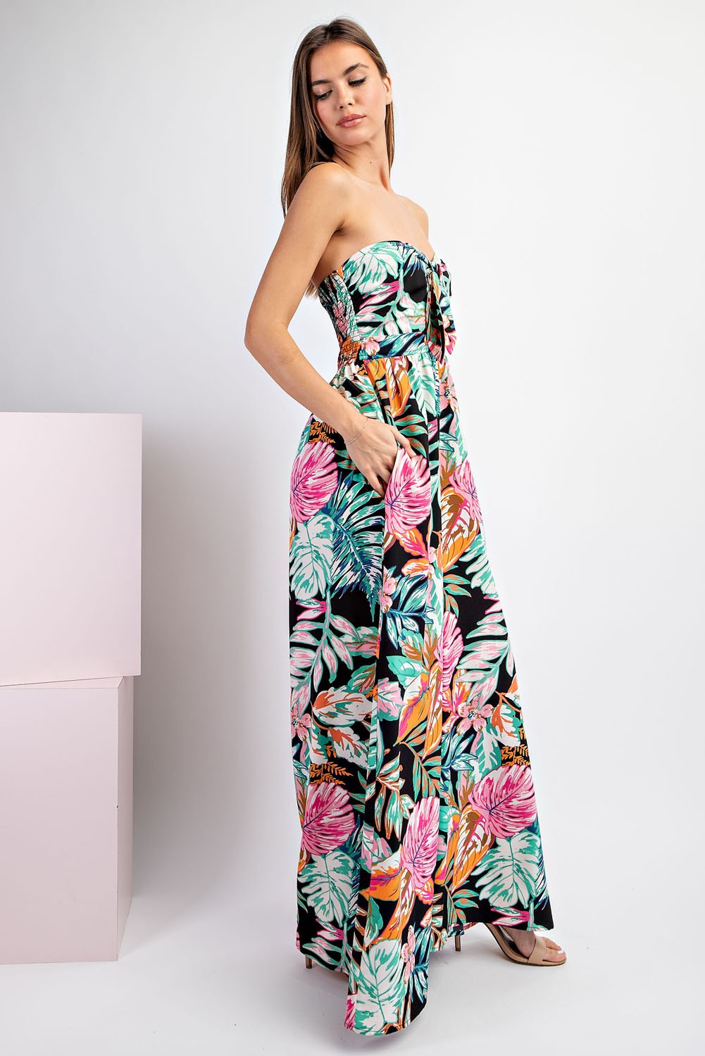 tropical strapless jumpsuit