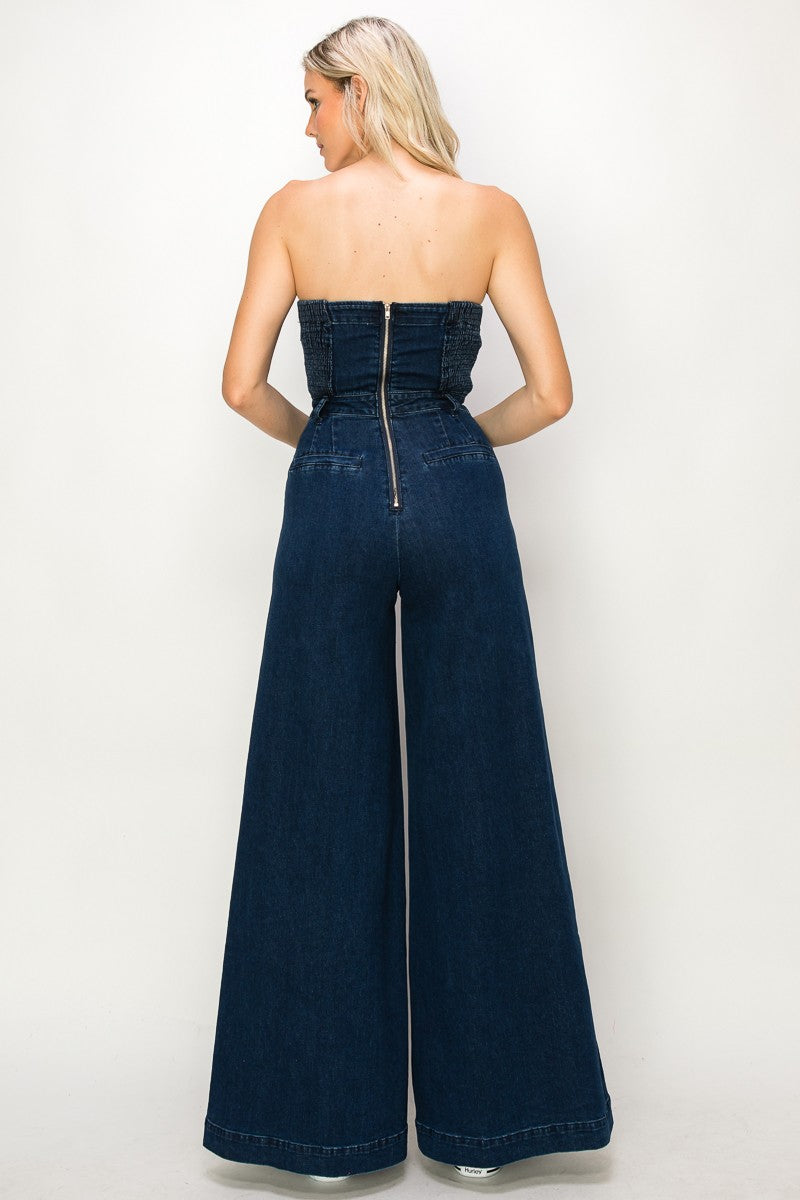 strapless wide leg denim jumpsuit