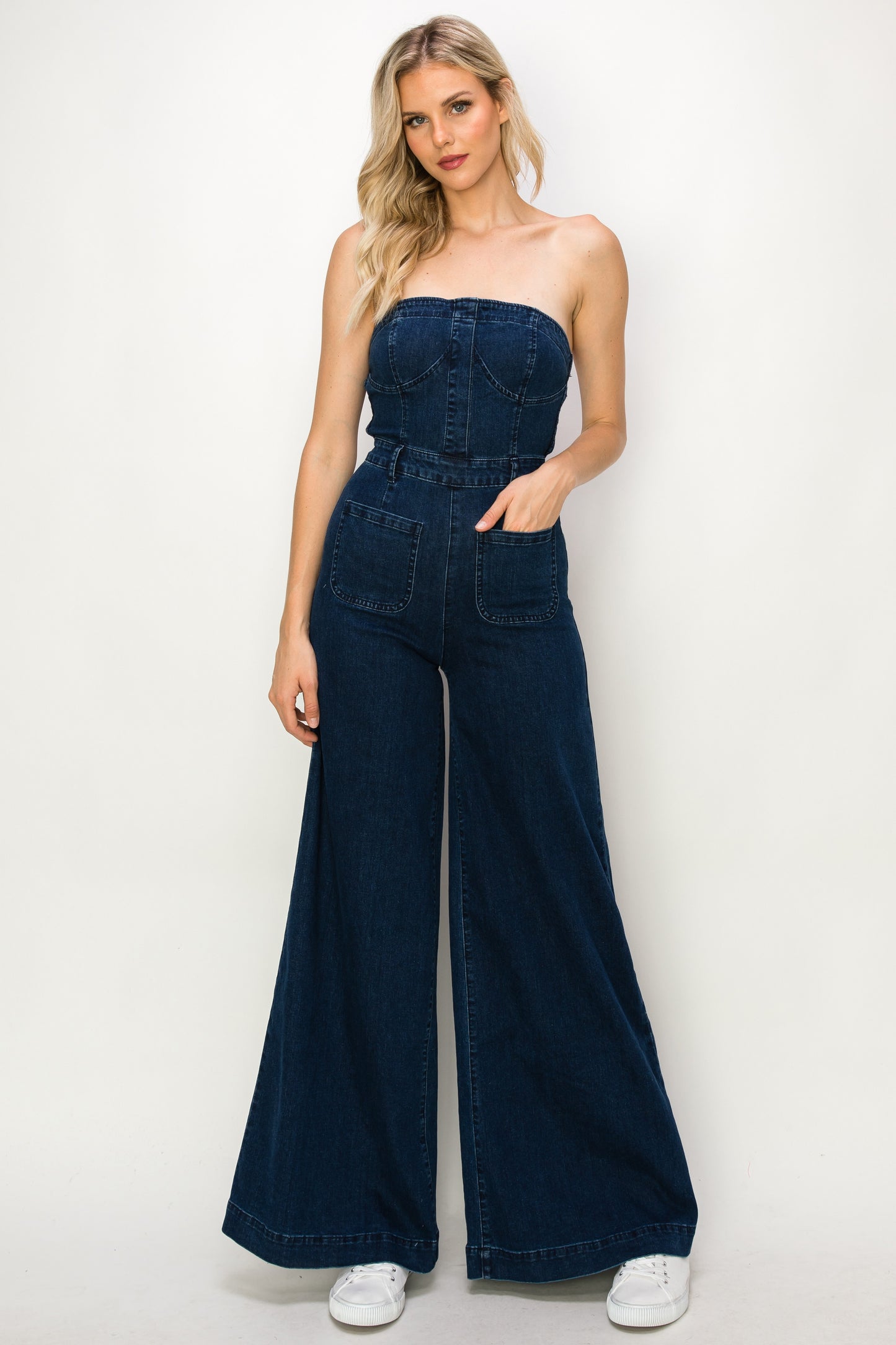 strapless wide leg denim jumpsuit