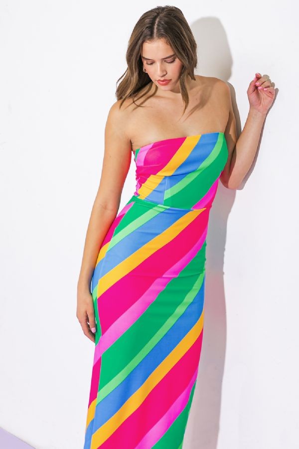 strapless diagonal stripe midi dress