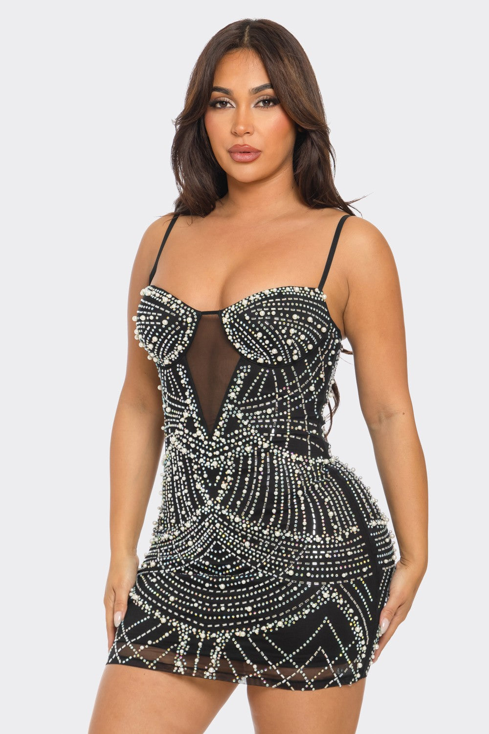 rhinestone & pearl sleeveless mini dress