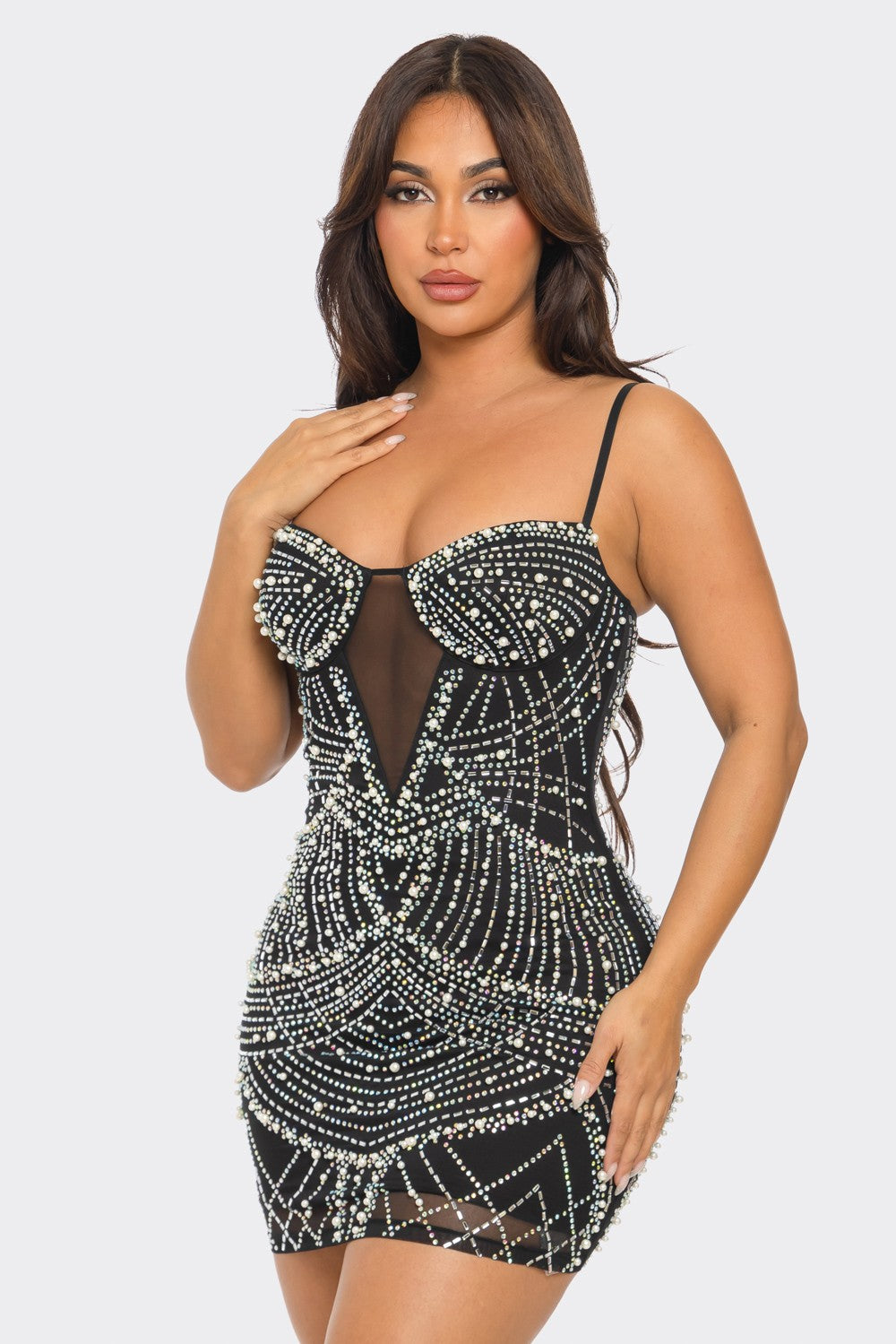 rhinestone & pearl sleeveless mini dress