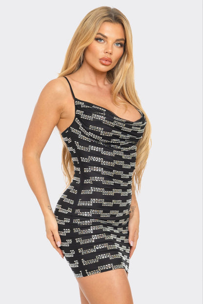 rhinestone horizontal pattern cowl neck dress