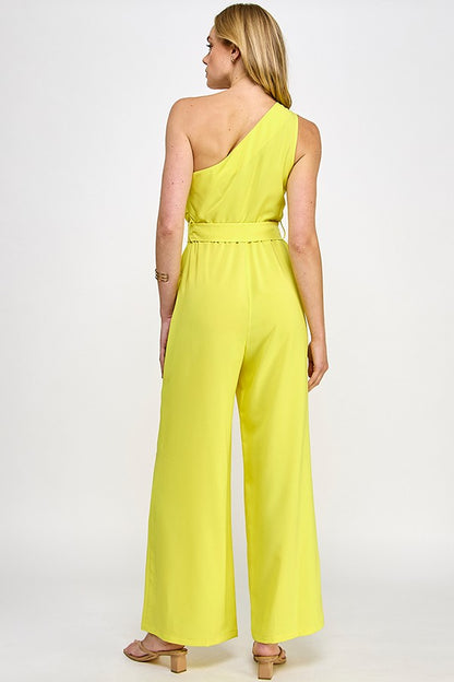 one shoulder belted jumpsuit