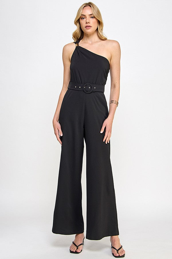 one shoulder belted jumpsuit