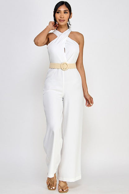 belted cross over neckline sleeveless jumpsuit