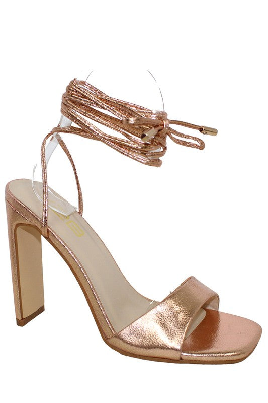 metallic rectangle heel tie up shoe