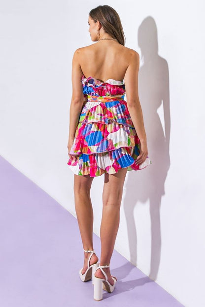 print pleated layered strapless dress