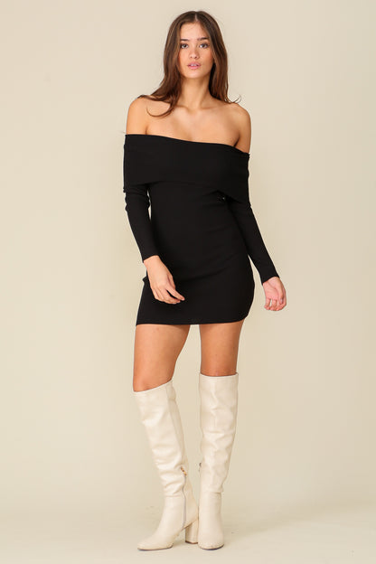 ribbed off the shoulder long sleeve dress