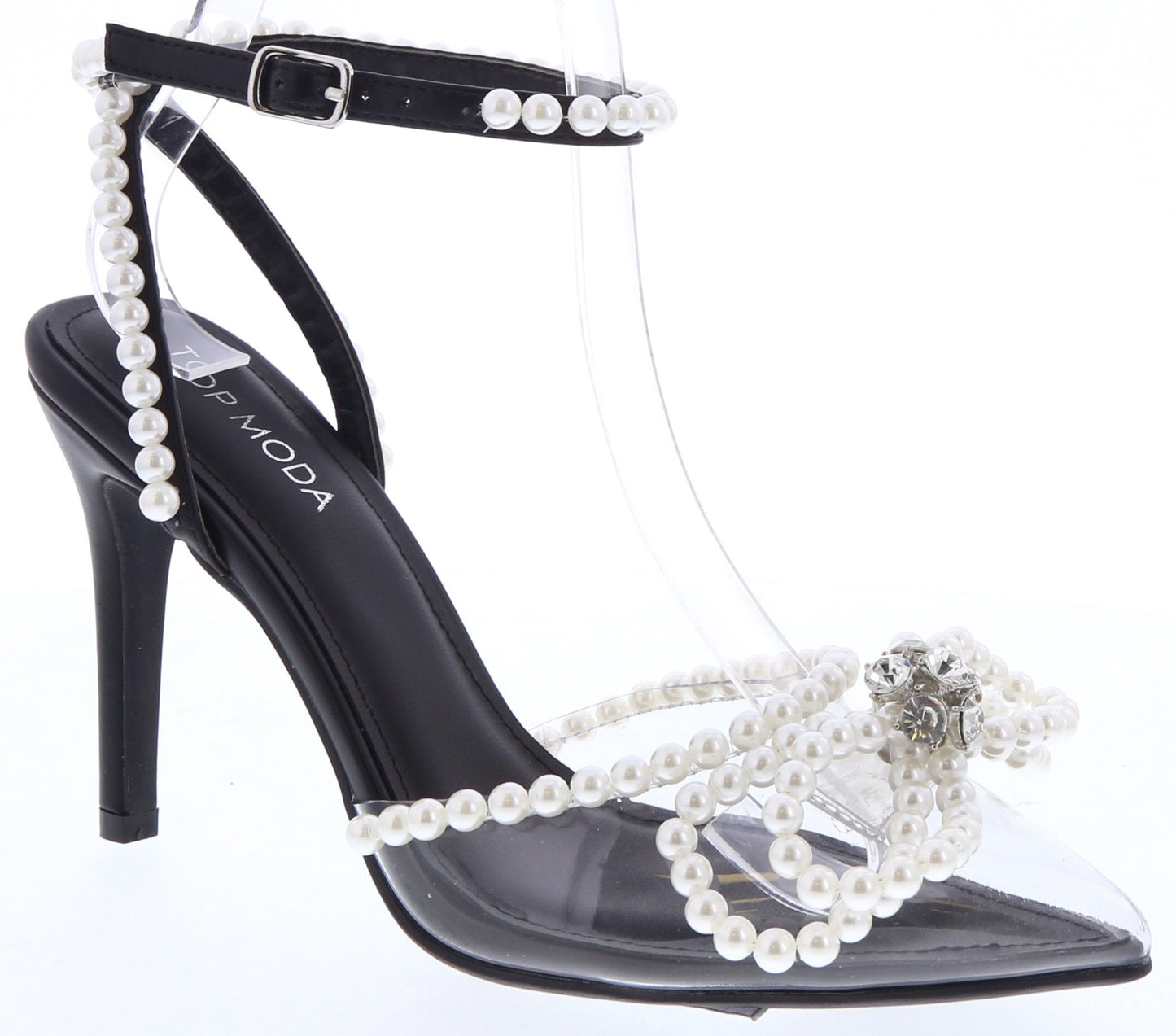 pearl strap & bow clear toe stiletto shoe