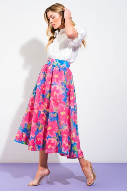 chiffon floral print a-line midi skirt