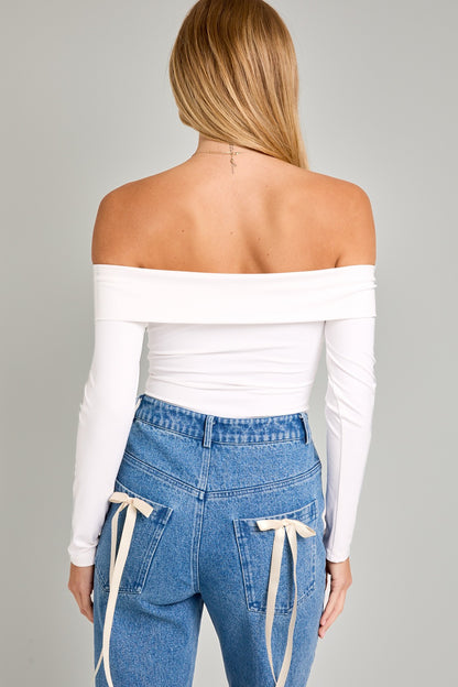 fold over off the shoulder long sleeve bodysuit