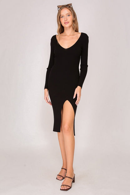 Double V neck long sleeve sweater midi dress