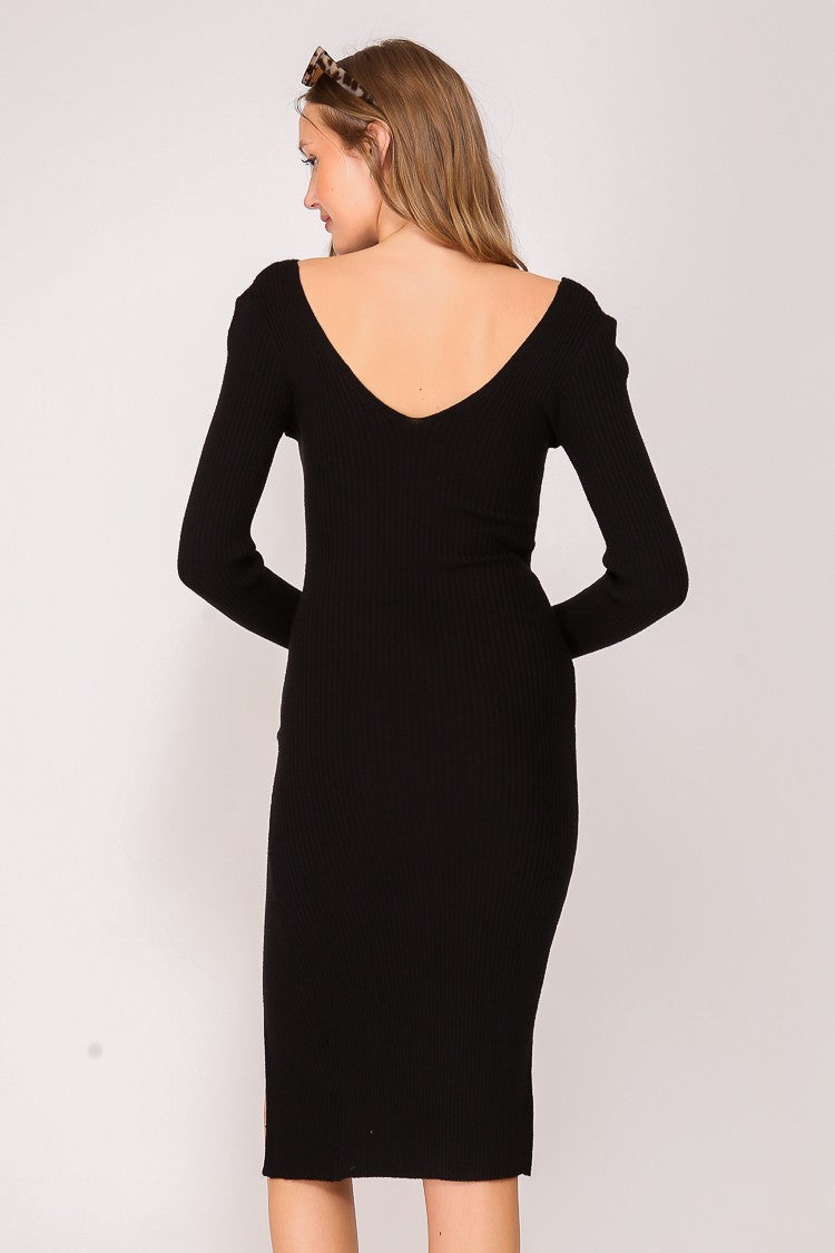 Double V neck long sleeve sweater midi dress