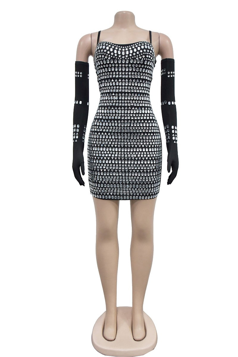 Rhinestones Bodycon Mini Dress &amp; Gloves