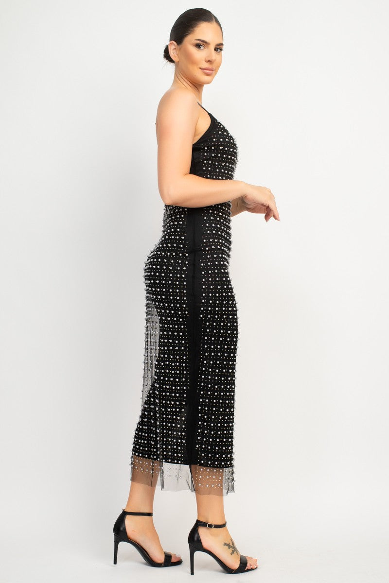 Pearl Mesh Slit Midi Dress Nude / Medium Pearl Mesh Slit Midi Dress Nude / Medium