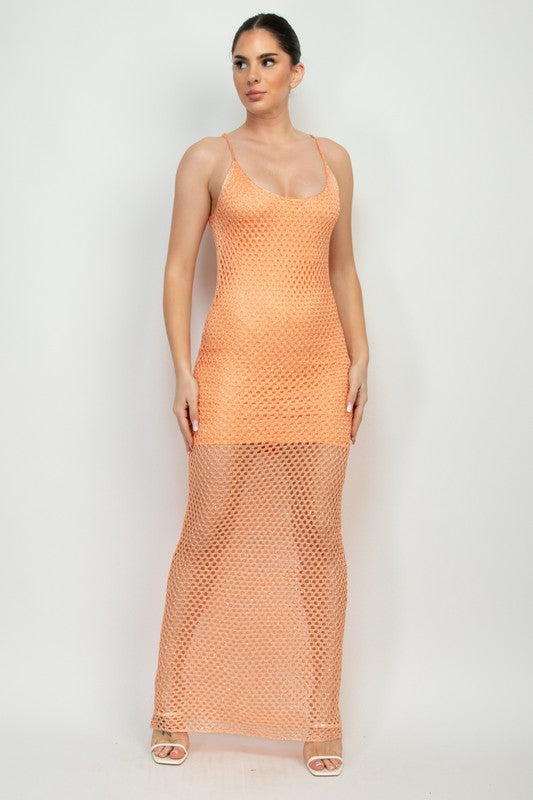Knit Sequin Fish Net Scoop Maxi Dress