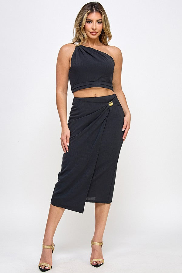2pc set-One Shoulder Trim Top & Wrap Skirt