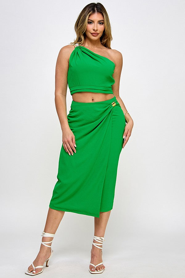 2pc set-One Shoulder Trim Top & Wrap Skirt