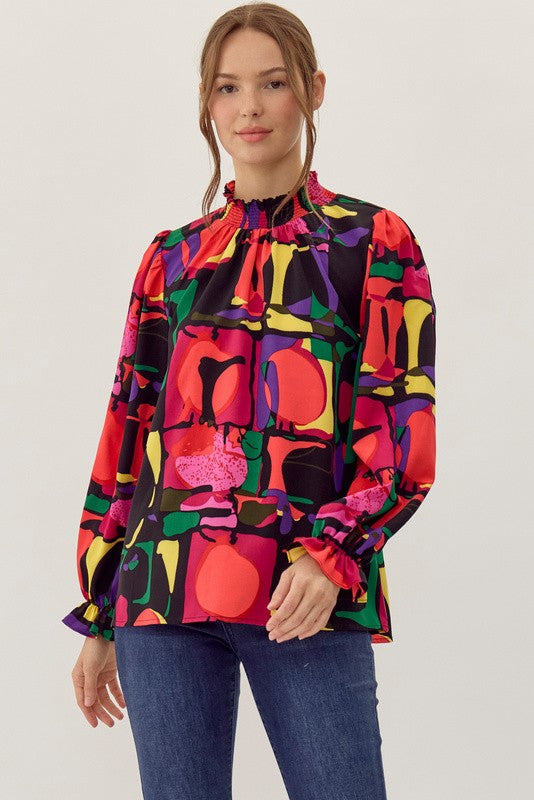 Abstract Print Smocked Neck Top