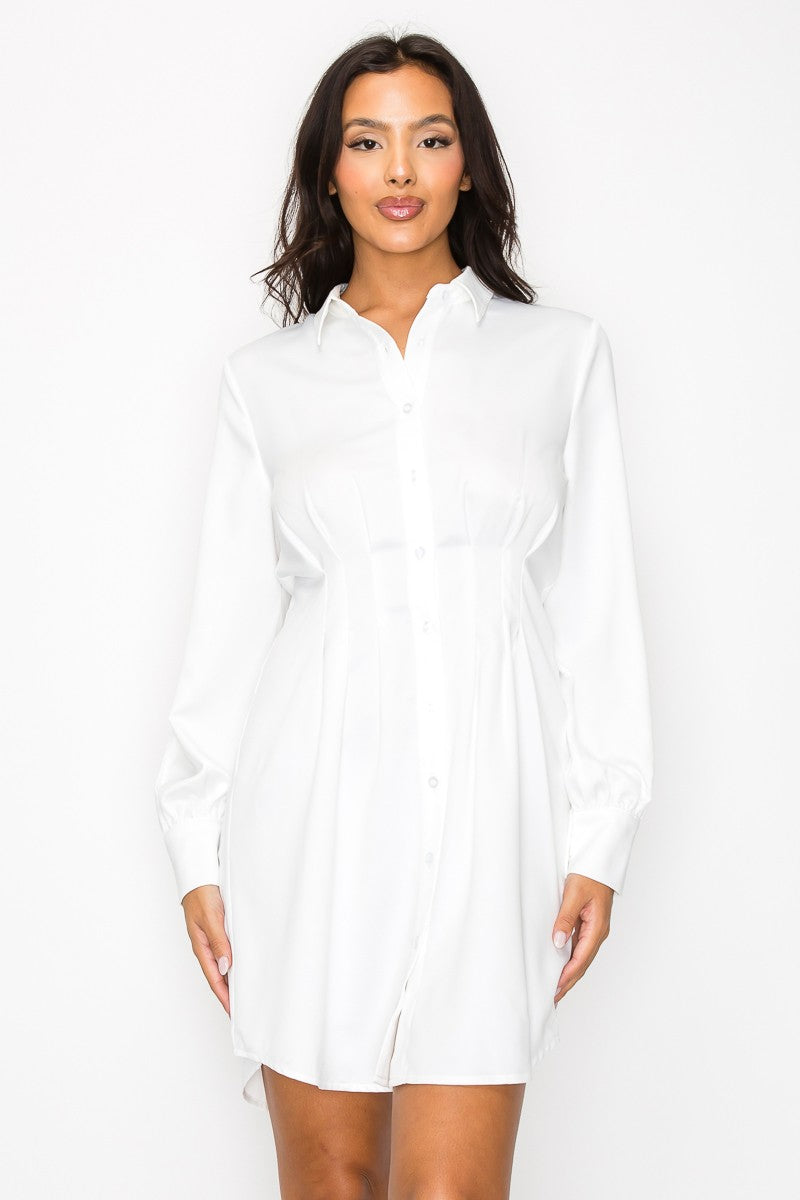 Cinched Pleated Satin Shirt Dress