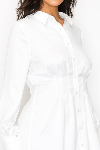 Cinched Pleated Satin Shirt Dress