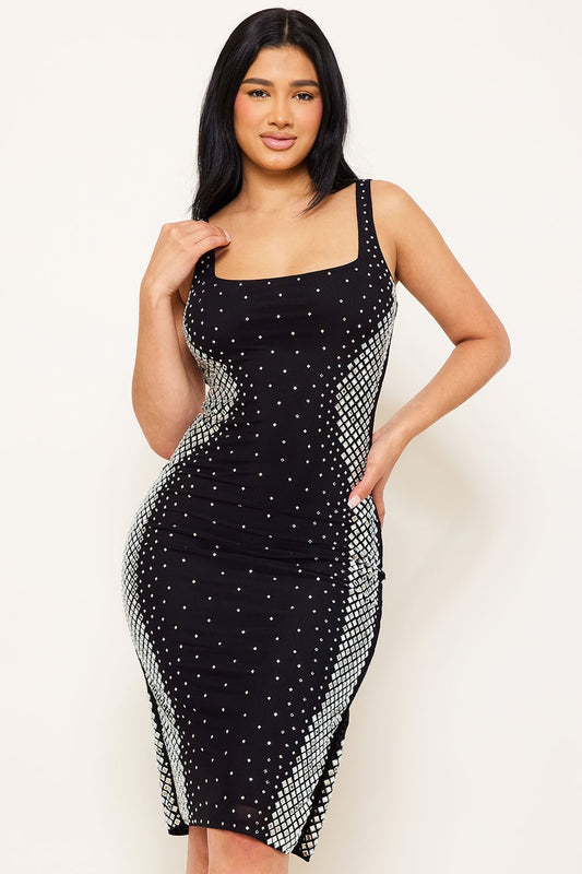 Square Rhinestone Sleeveless Midi Dress