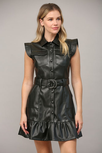 faux leather ruffle button down belted dress