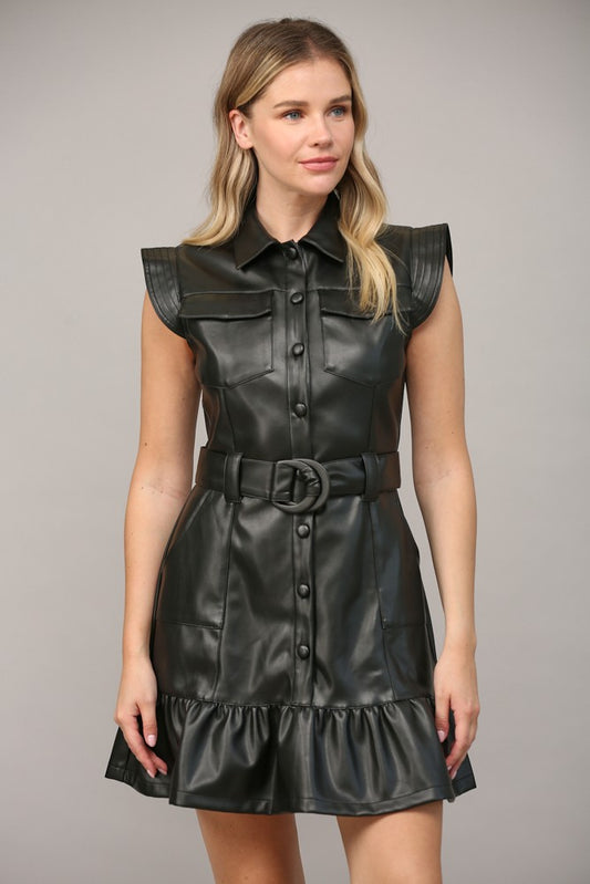 faux leather ruffle button down belted dress