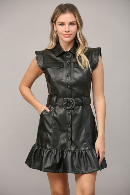 faux leather ruffle button down belted dress