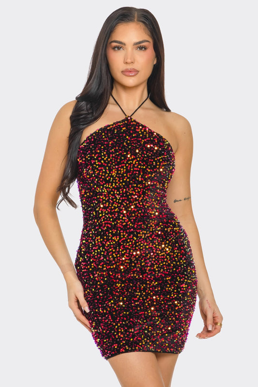 sequins on velvet bodycon halter dress