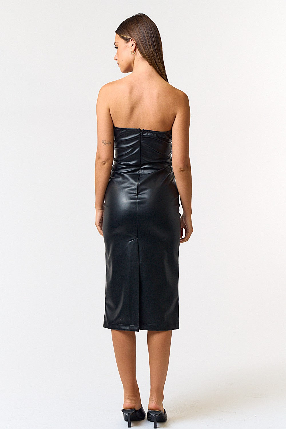 faux leather sweetheart strapless midi dress