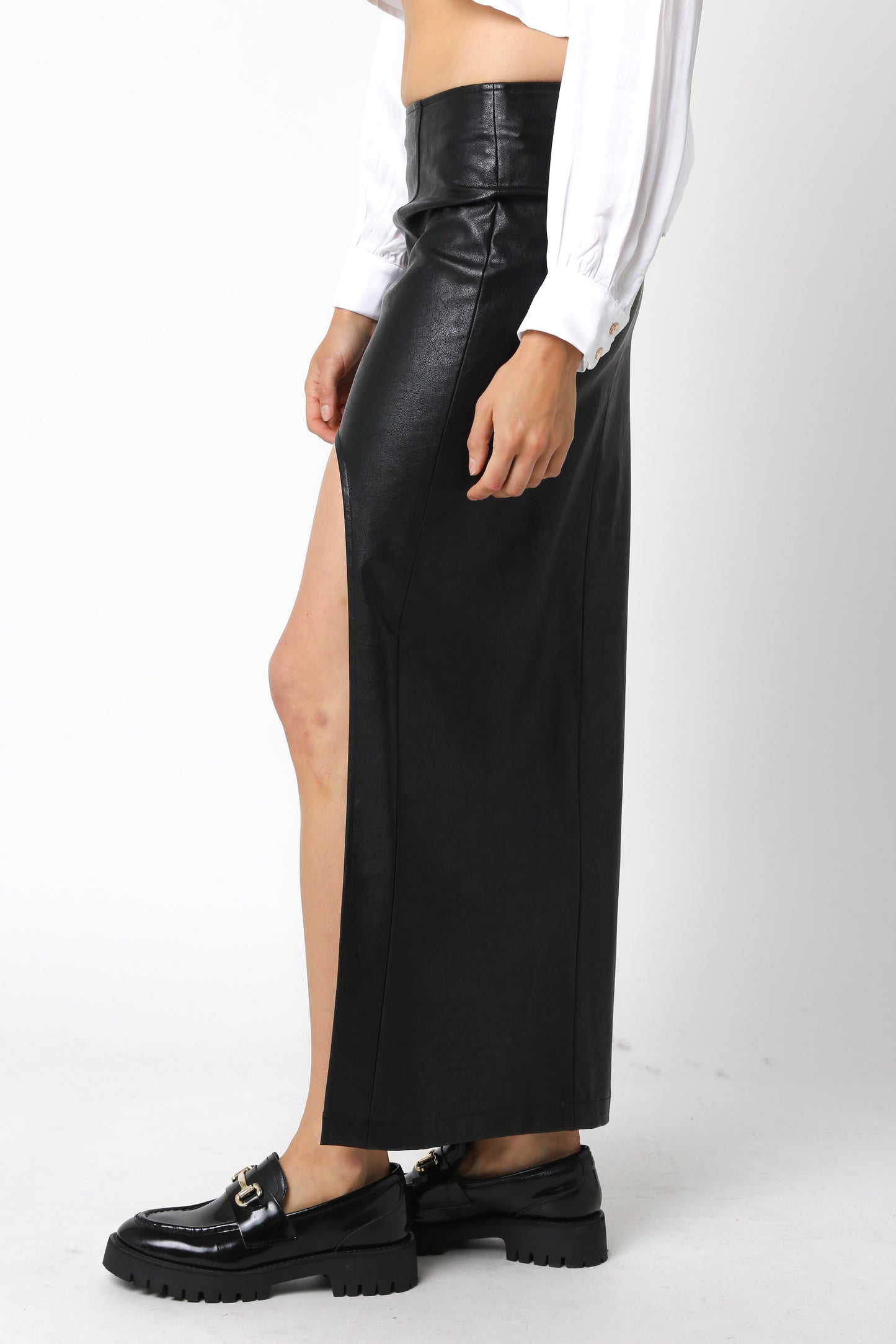 faux leather leg split maxi skirt