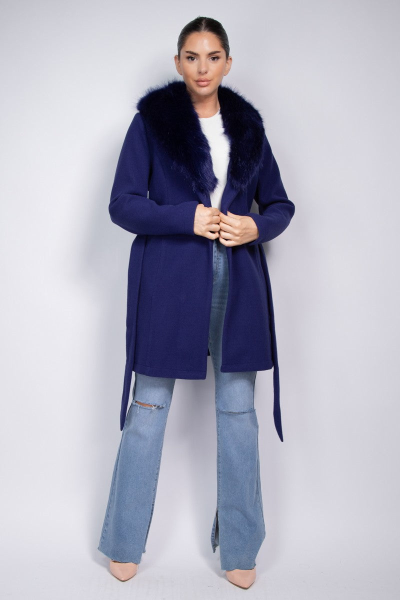 faux fur collar belted trench coat