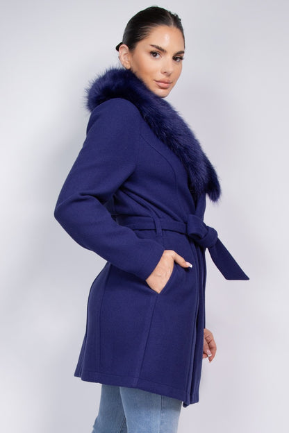 faux fur collar belted trench coat