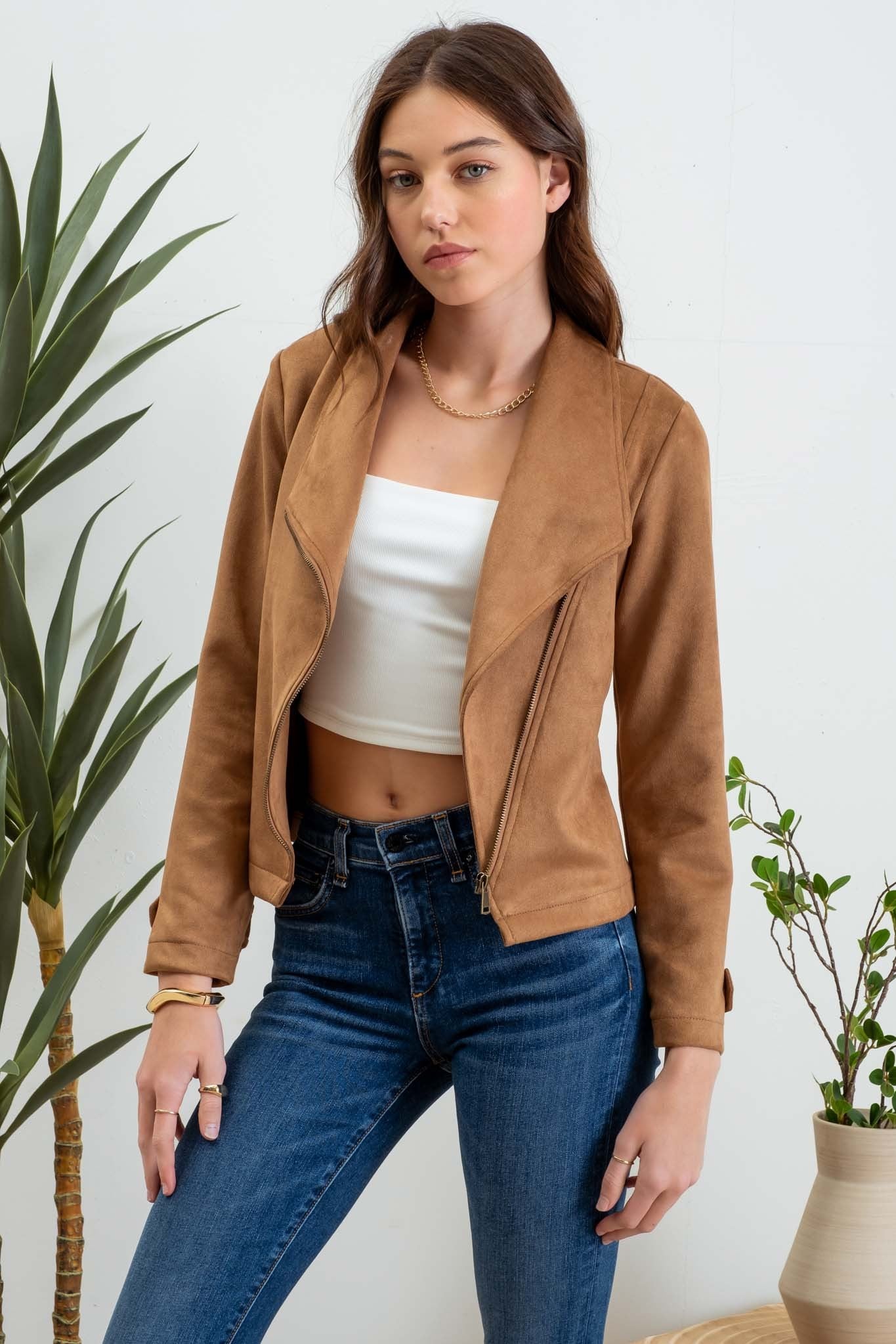 faux suede zip up moto jacket