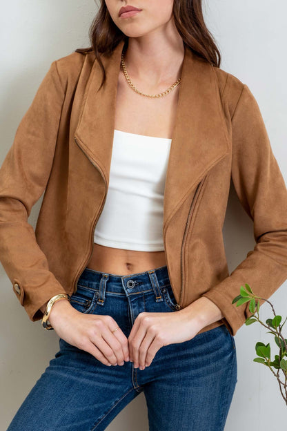 faux suede zip up moto jacket