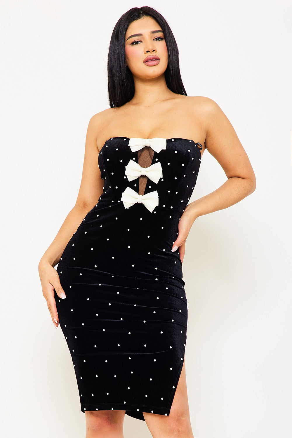 bows & rhinestone studded velvet strapless dress