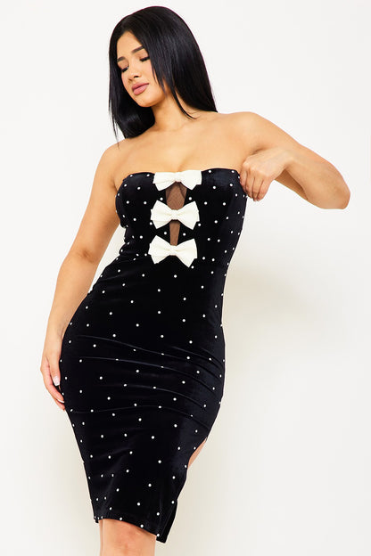 bows & rhinestone studded velvet strapless dress