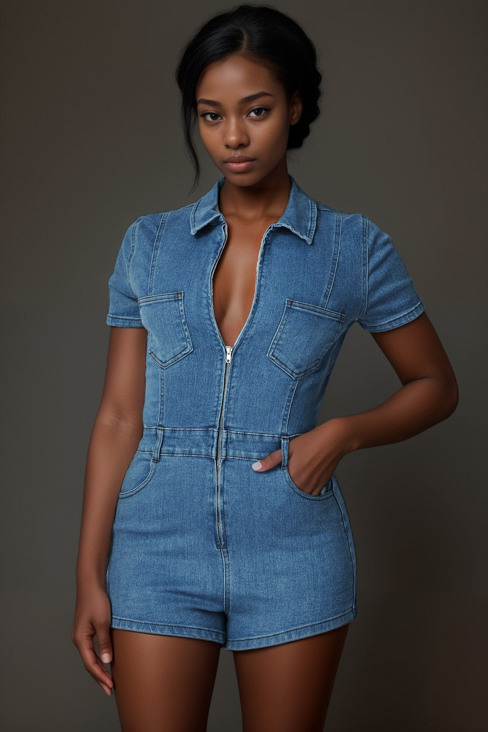 zip front denim romper