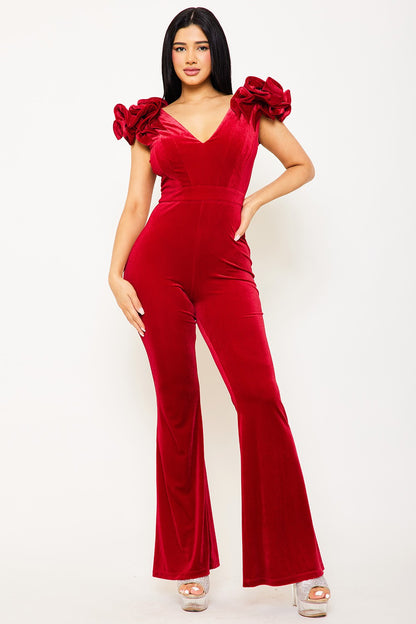 ruffle shoulder velvet jumpsuit