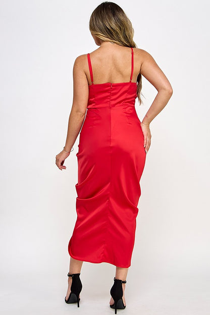 deep green satin ruffle side cami midi dress S Emerald Satin Strapless Bias Cut Midi Dress for Formal Events