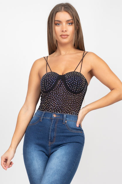 double strap rhinestone bodysuit