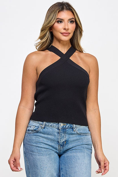 Criss Cross Front Ribbed Knit Top