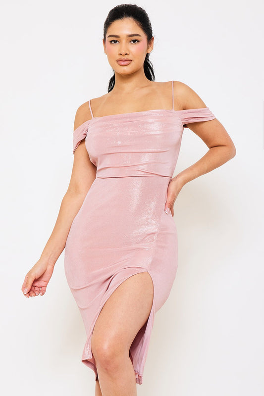 Shimmer Satin Off The Shoulder Midi Dress