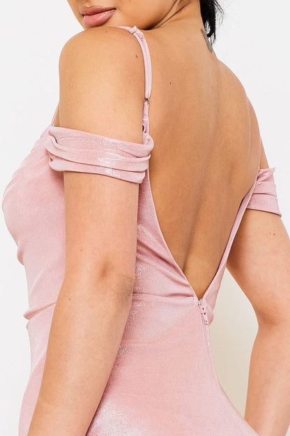 Shimmer Satin Off The Shoulder Midi Dress