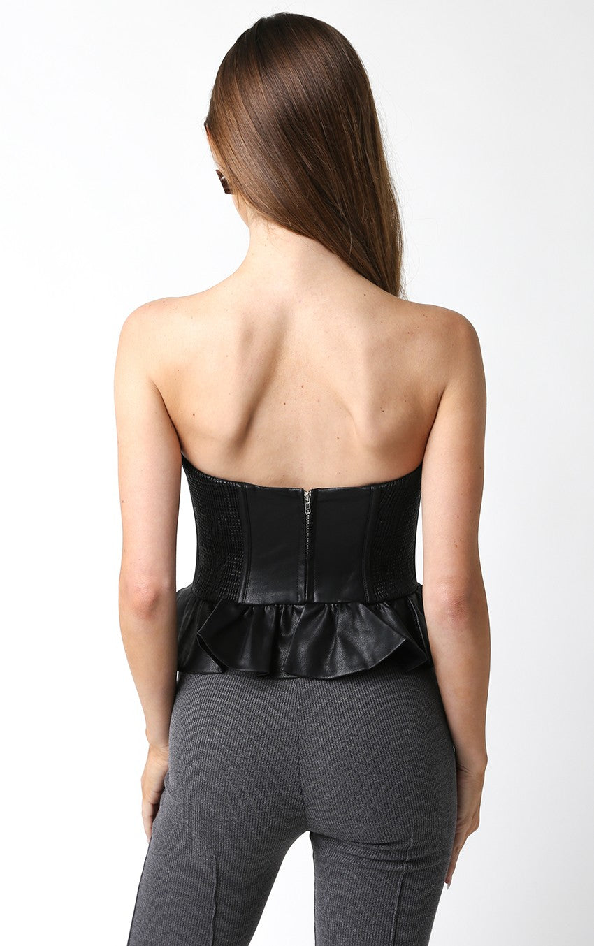 Faux Leather Strapless Peplum Bustier Top